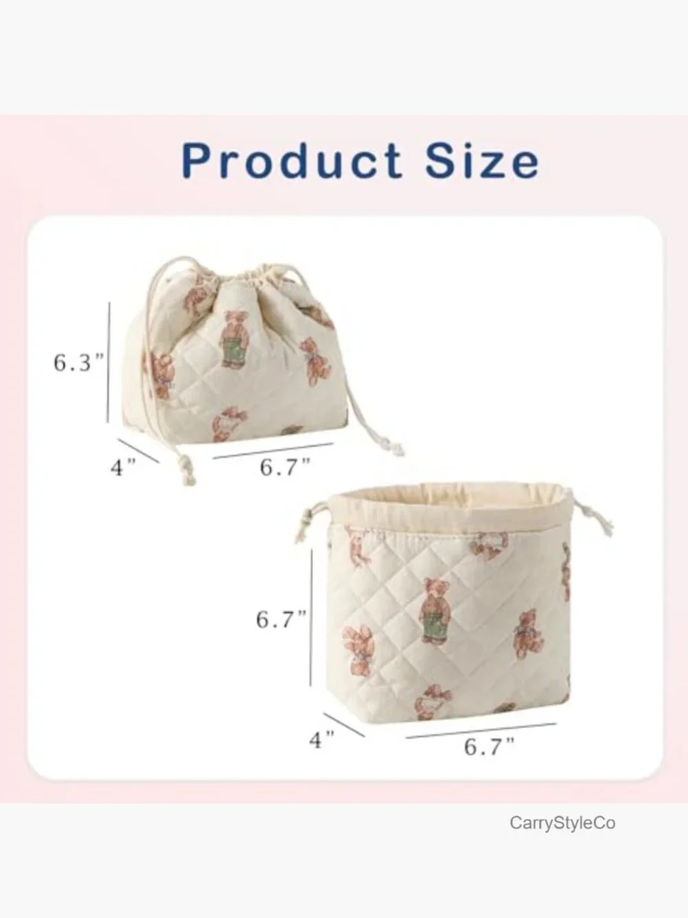 Quilted Drawstring Makeup Bag with Canvas Lining Cotton Travel Toiletry