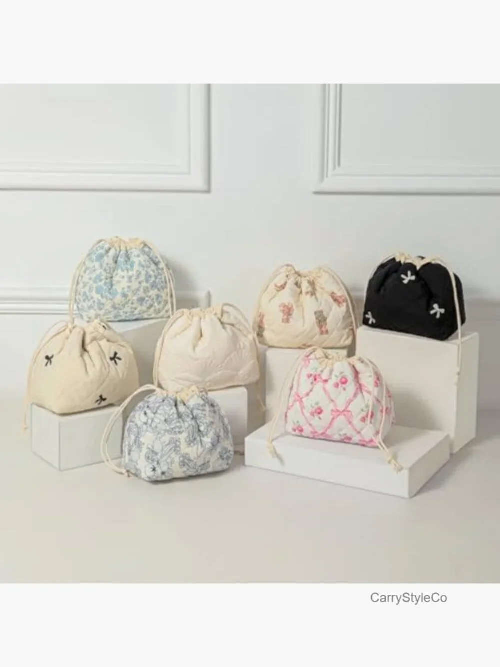 Quilted Drawstring Makeup Bag with Canvas Lining Cotton Travel Toiletry