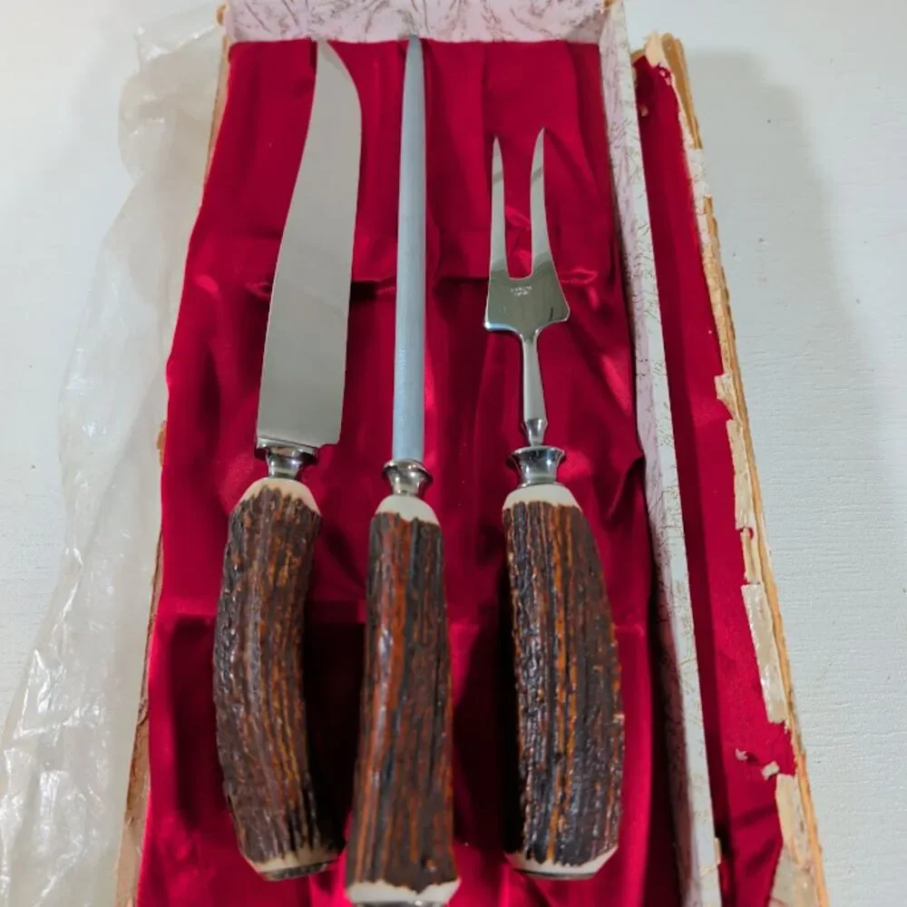 Anton Wingen Jr Solingen Germany Stag Carving Floral Etched Knife Fork Steel