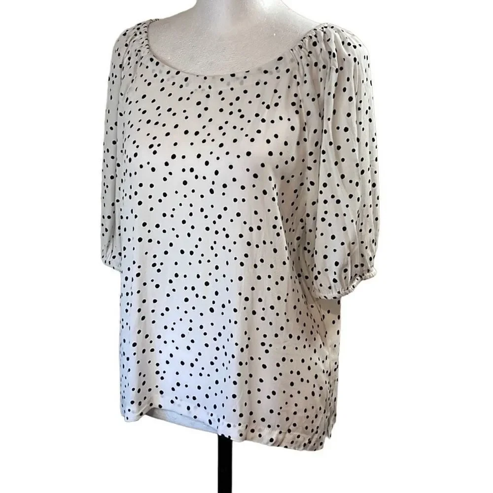 Loft Women's Polka Dots Blouse‎ Balloon Half Sleeve Top Rayon White Petite MP