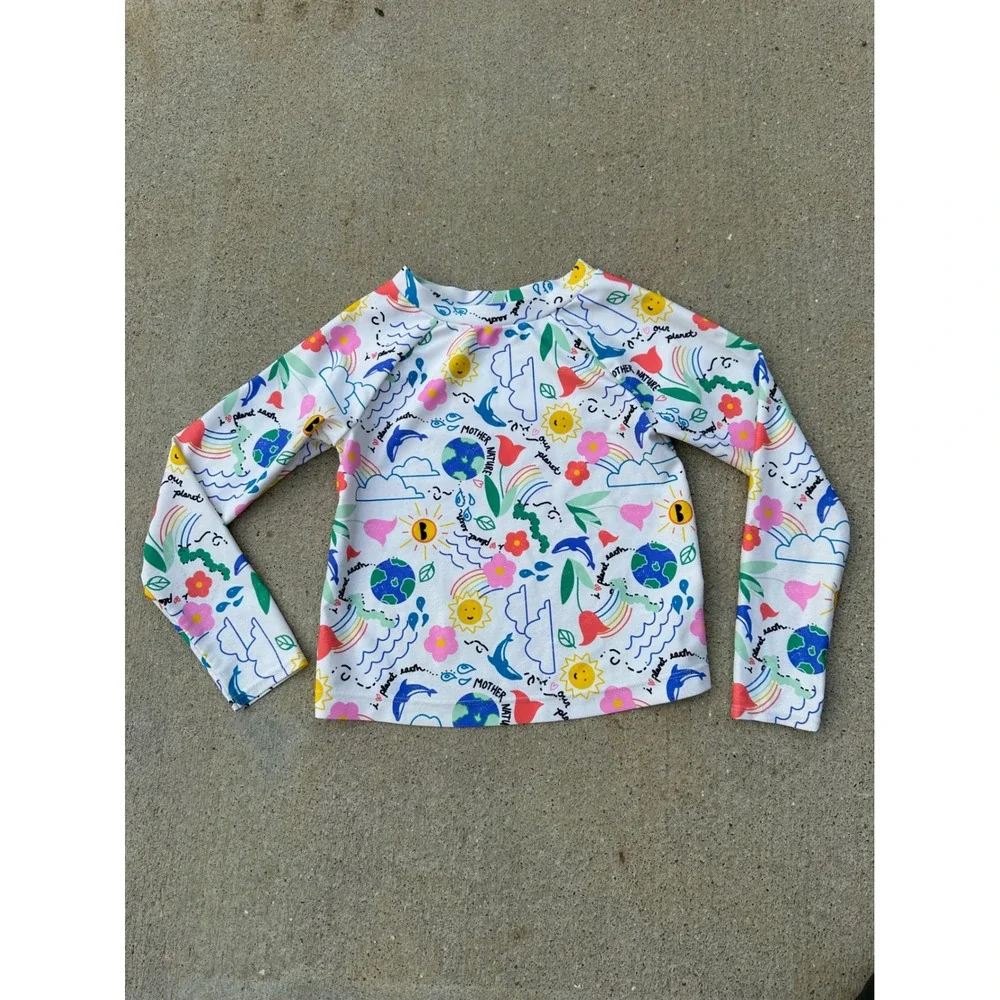 Old Navy‎ Kids White Nature Earth Doodle Long Sleeve Rash Guard Swim Top 5T