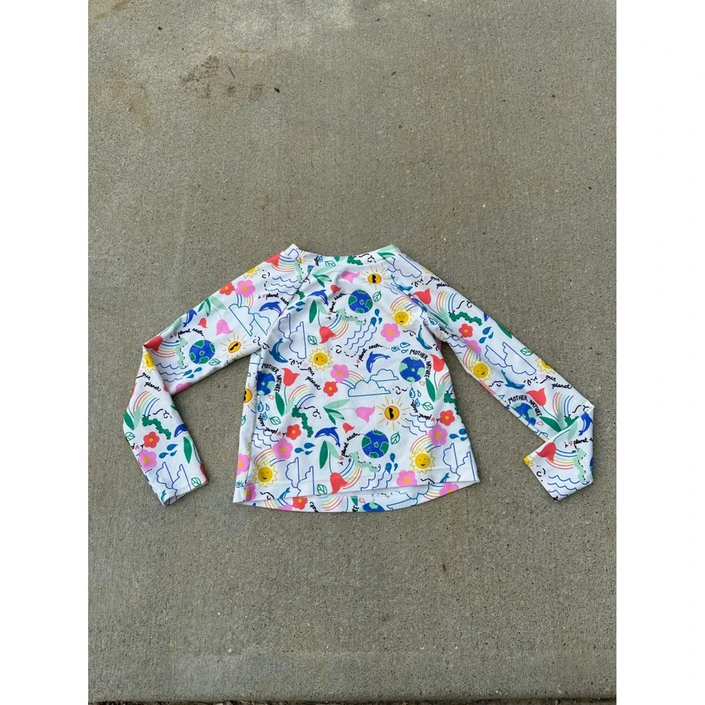 Old Navy‎ Kids White Nature Earth Doodle Long Sleeve Rash Guard Swim Top 5T