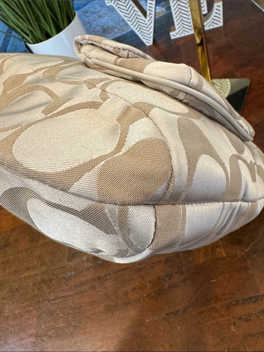 Coach Beige Signature Hobo Bag with Turn-Lock Pocket