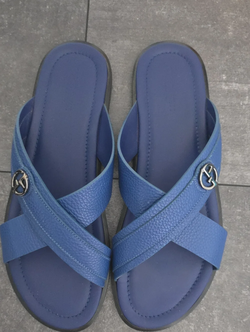 GIORGIO ARMANI - Blue Crisscross Slide Sandals with Silver Logo Accent