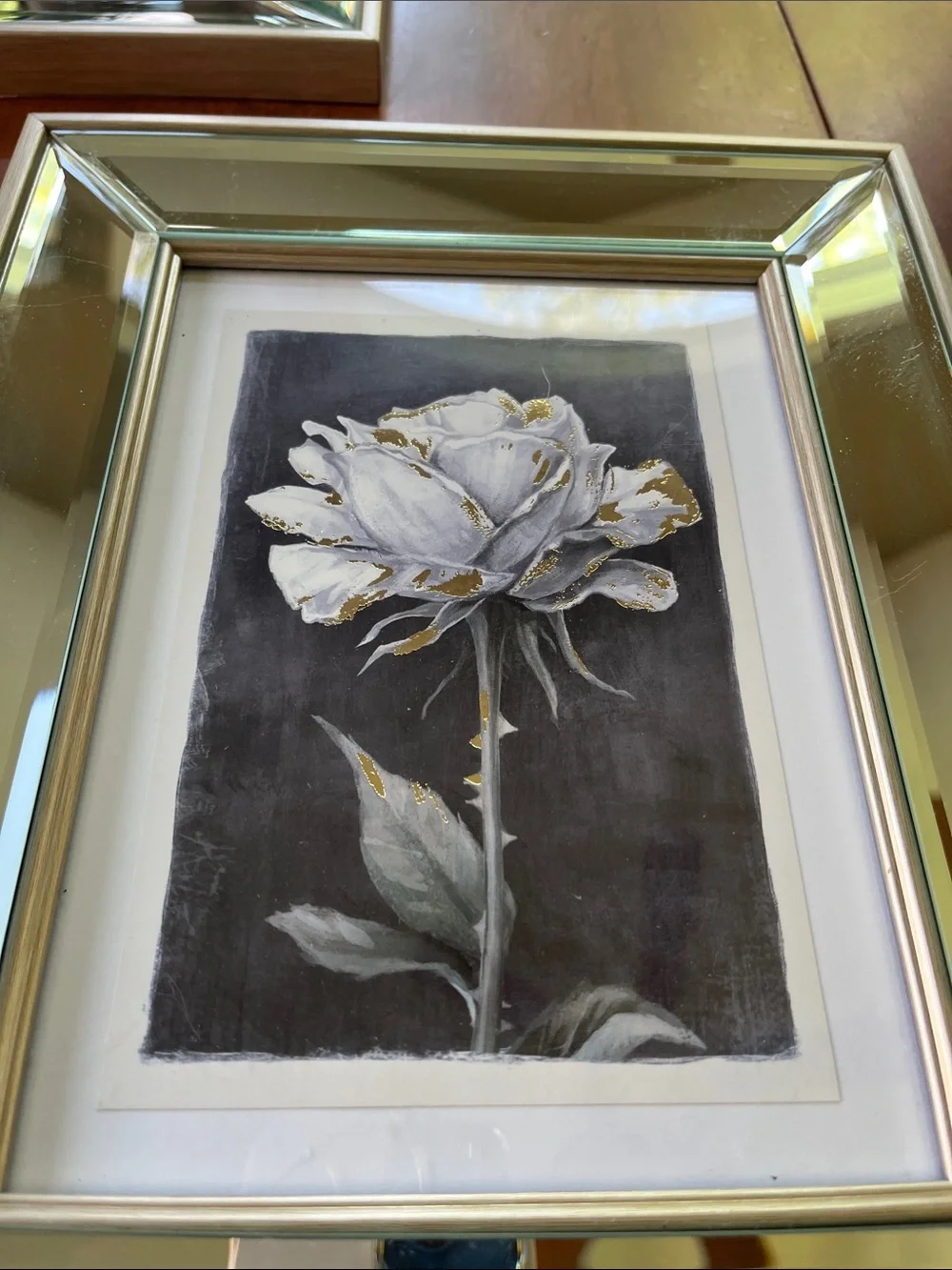 Set of 3 mirrored picture frames white/gold floral prints on black background