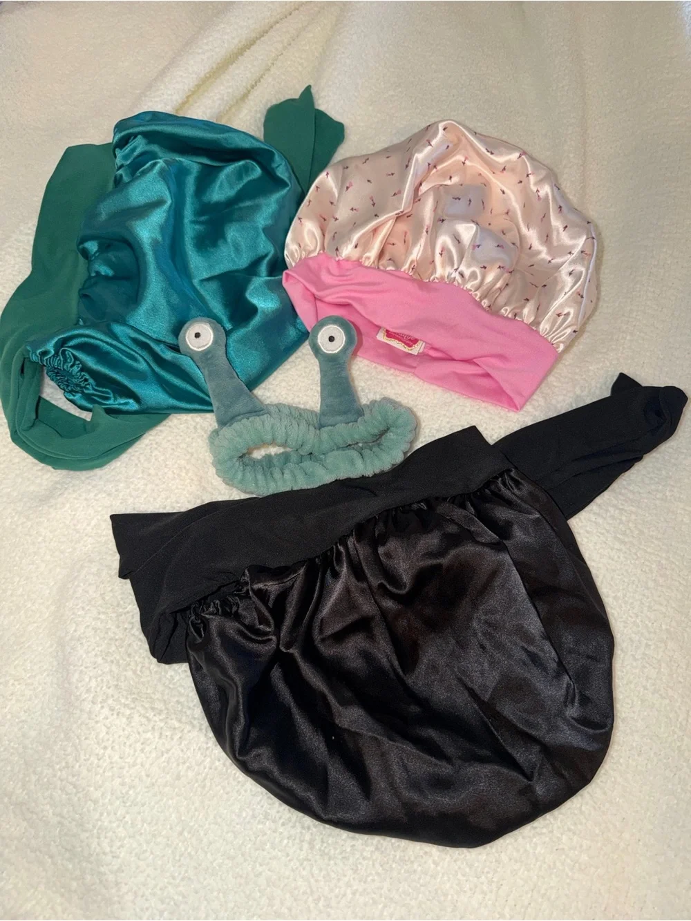 3 hair bonnets and 1 headband - Teal, Pink, Black