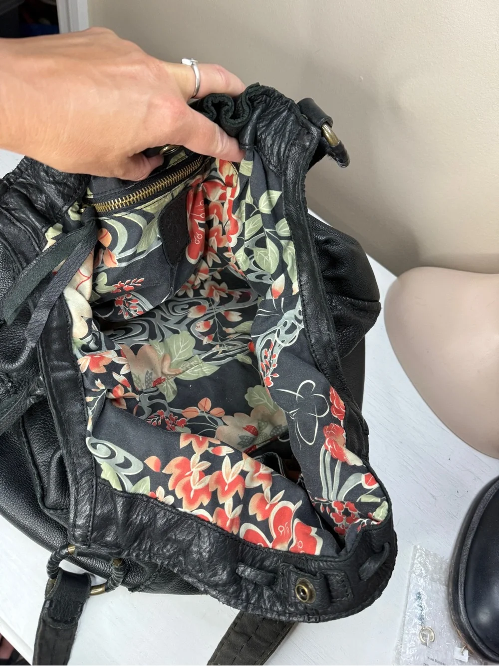 Lucky Brand Y2K Black Leather Drawstring Flower Hippie Hobo bag