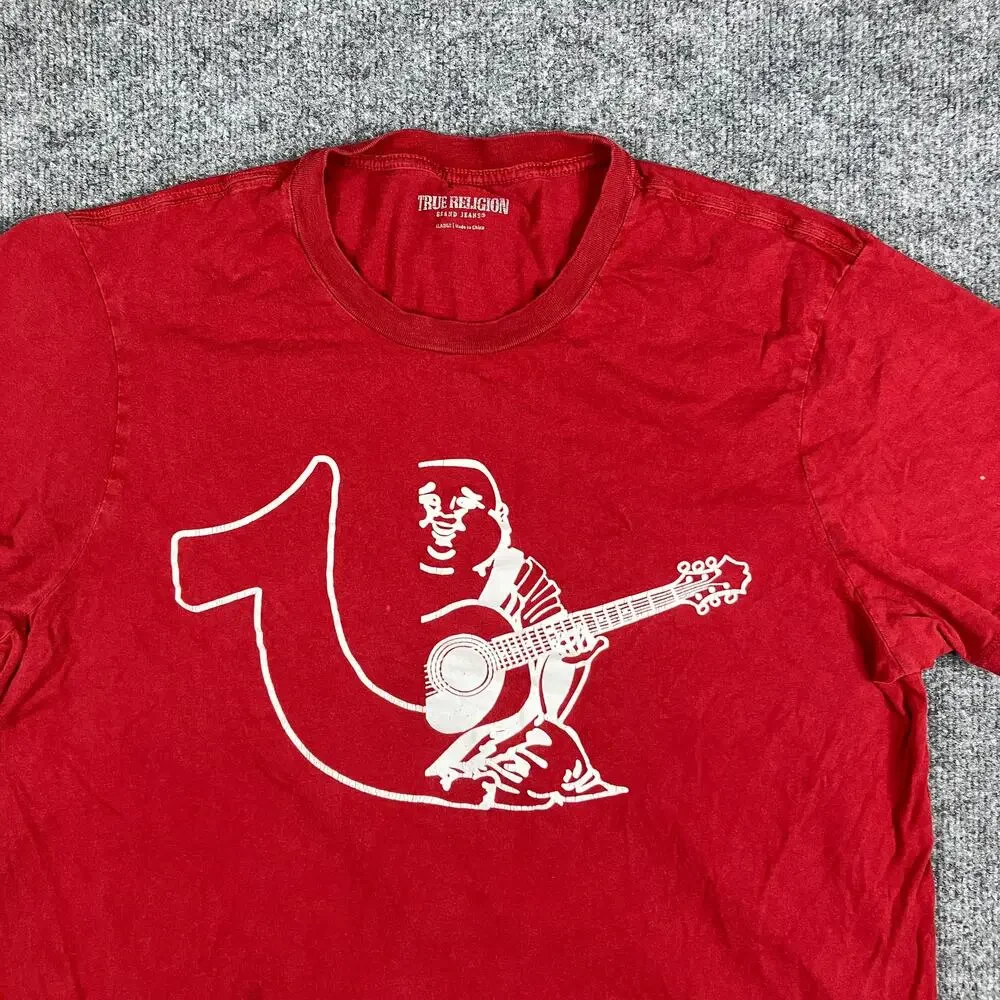True‎ Religion T-Shirt Mens Size XL Red Buddha Guitar Logo Graphic Tee Casual