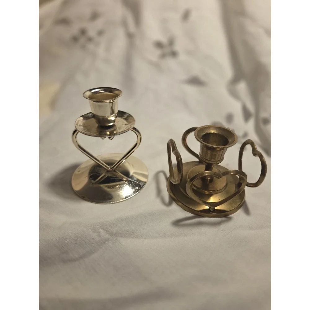 Vintage Brass Heart Candlestick Holders