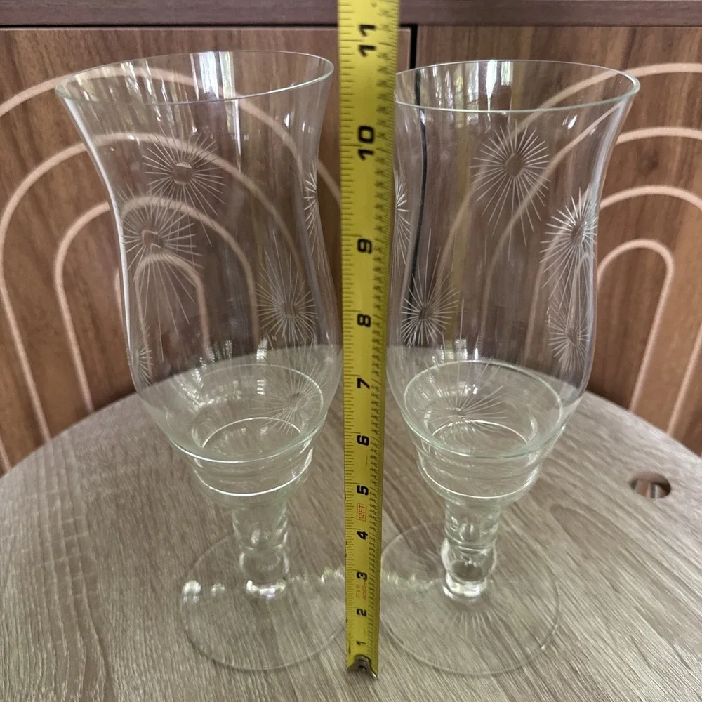 2 Atomic Starburst Crystal Taper Hurricane Candle Holders Stemmed Etched MCM