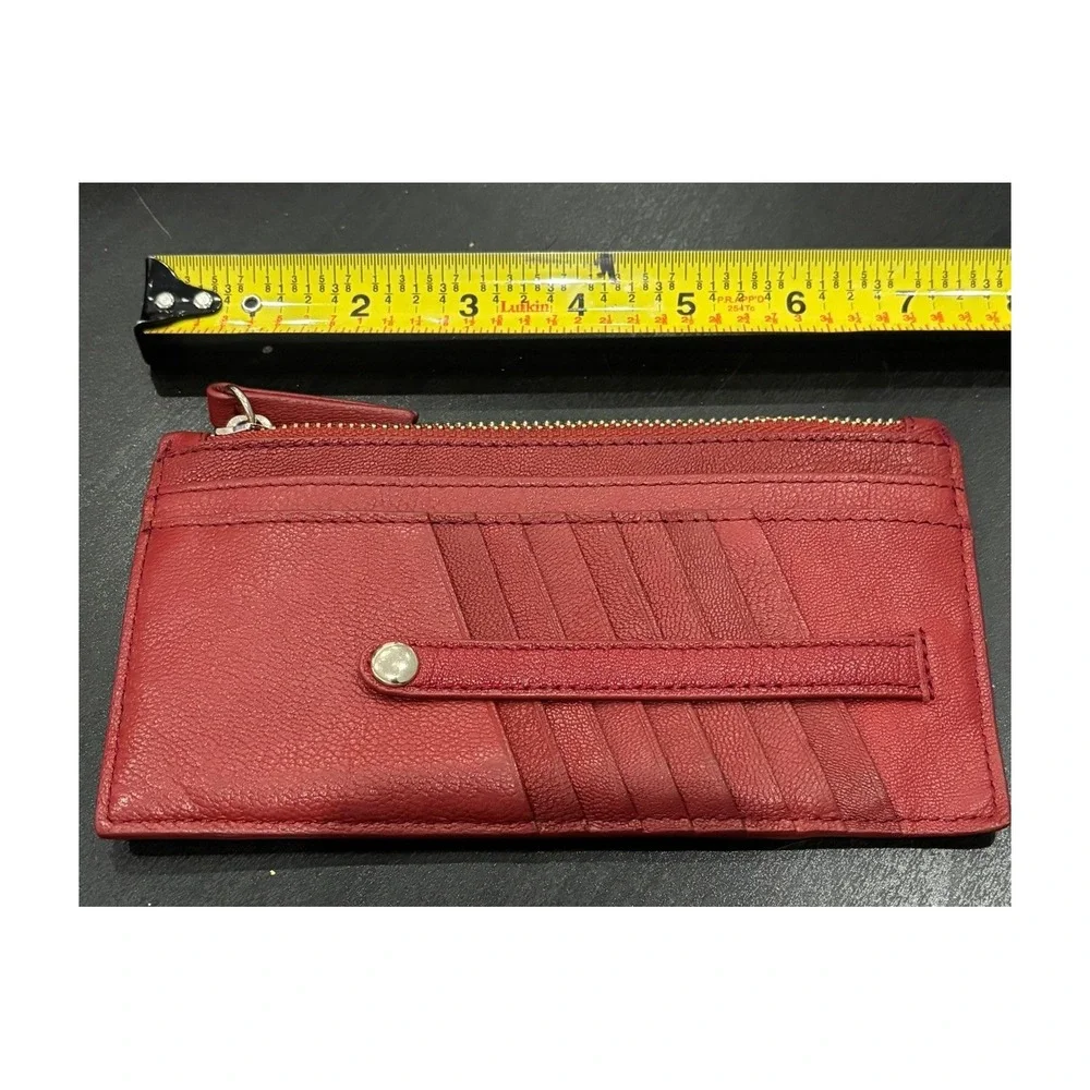 Red Pebbled Leather Slim Zip Card Case Wallet Gold Hardware
