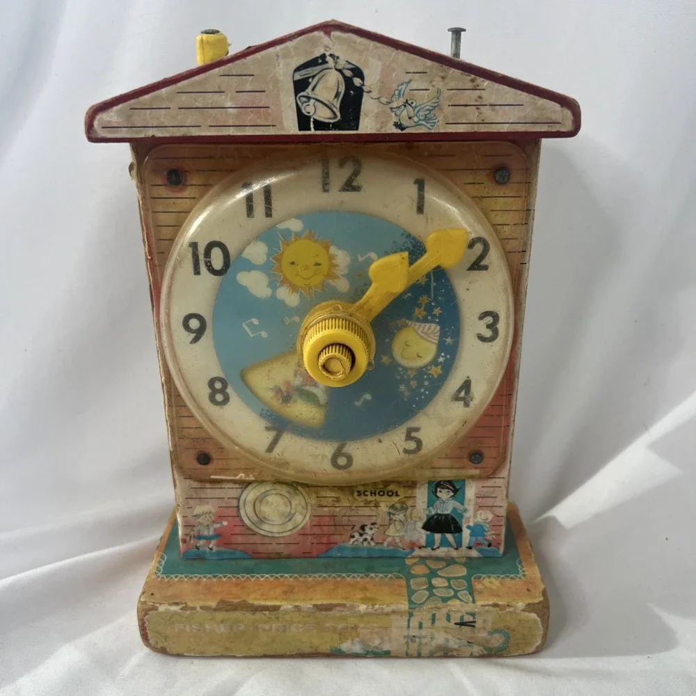 1968 Fisher Price Music Box Teaching Clock 998 School Toy Vintage‎ WORKS FAIR