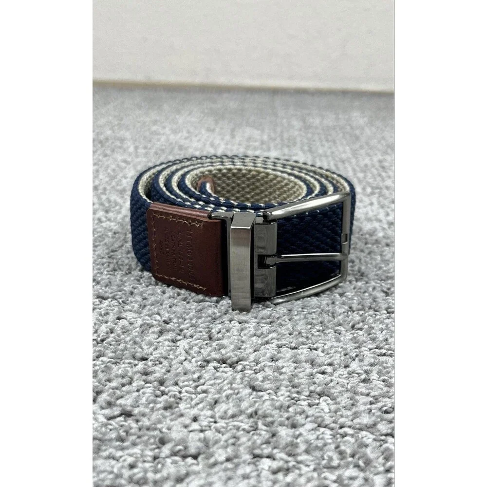 Tommy Bahama Belt Mens 38-42 Blue Tan Leather Trim Woven Casual