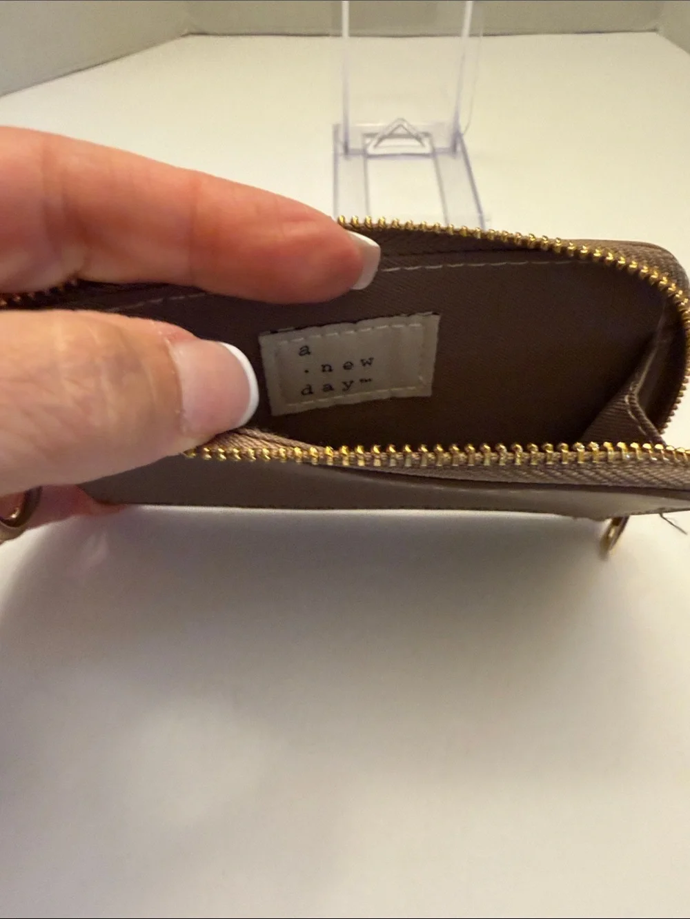 A New Day Compact Taupe Card Wallet with Gold Keyring NWOT