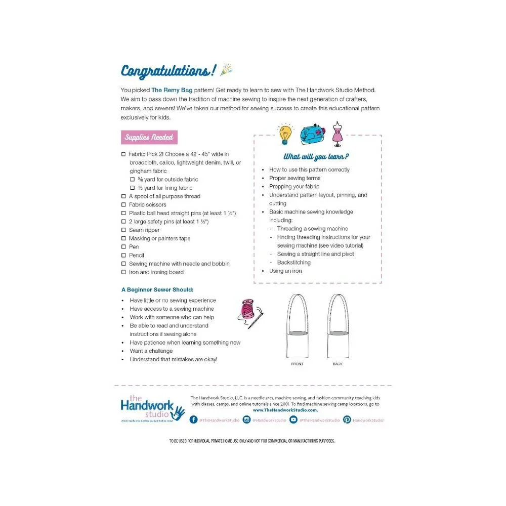 The Remy Bag Sewing Kit for Beginners‎ Ages 8+ By Simplicity #8674