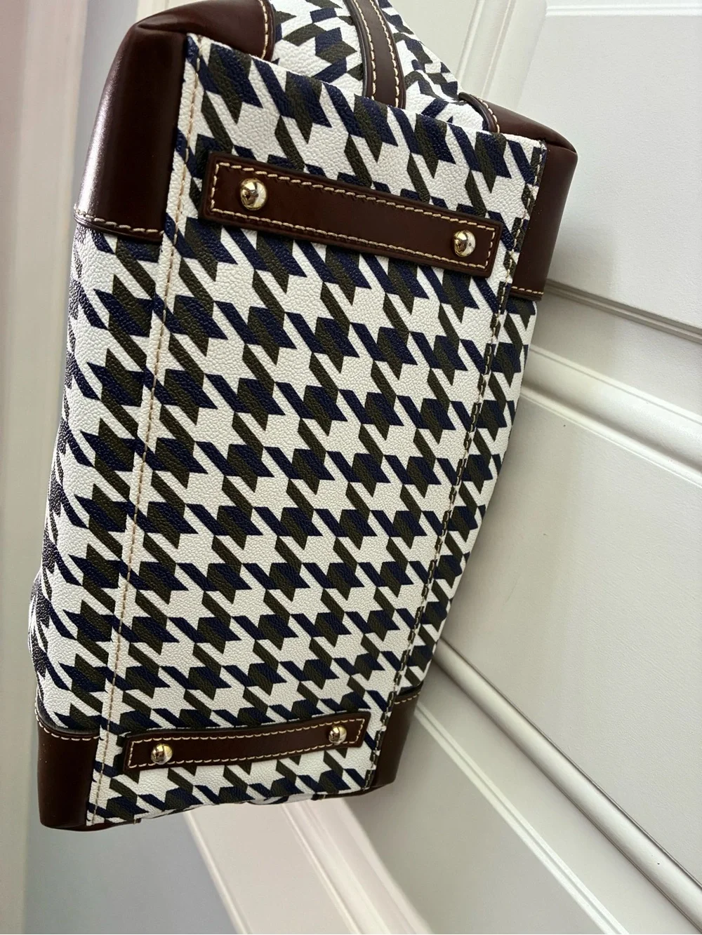 Dooney & Bourke Black and White Houndstooth Duffel with Brown Trim