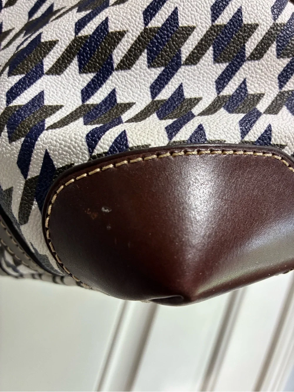 Dooney & Bourke Black and White Houndstooth Duffel with Brown Trim