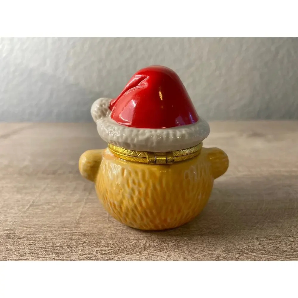 Miniature Ceramic Bear Wearing Christmas Hat Trinket Box / Jewelry Box