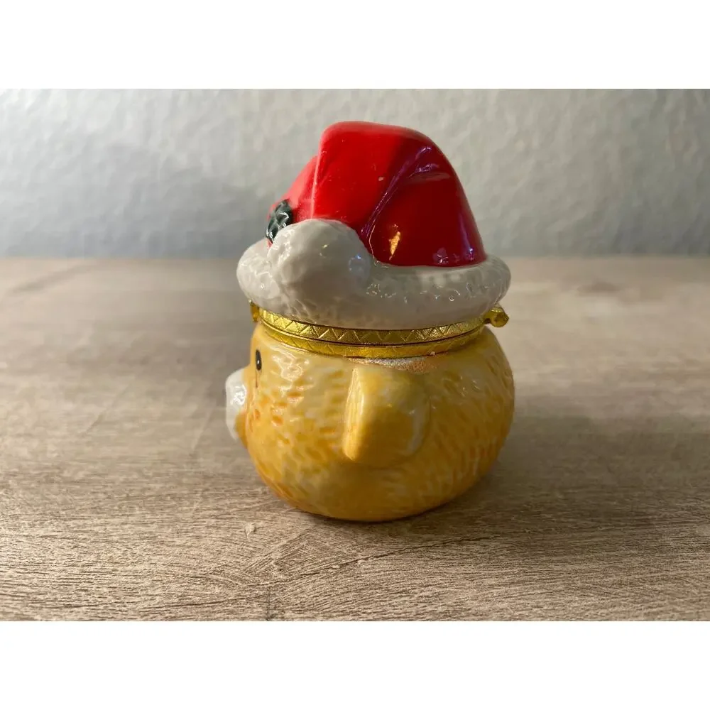 Miniature Ceramic Bear Wearing Christmas Hat Trinket Box / Jewelry Box