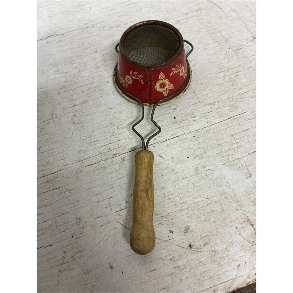 Rare Color Vintage RED & BEIGE FLOWERS Small SIFTER Enamelware Kitchen Scoop