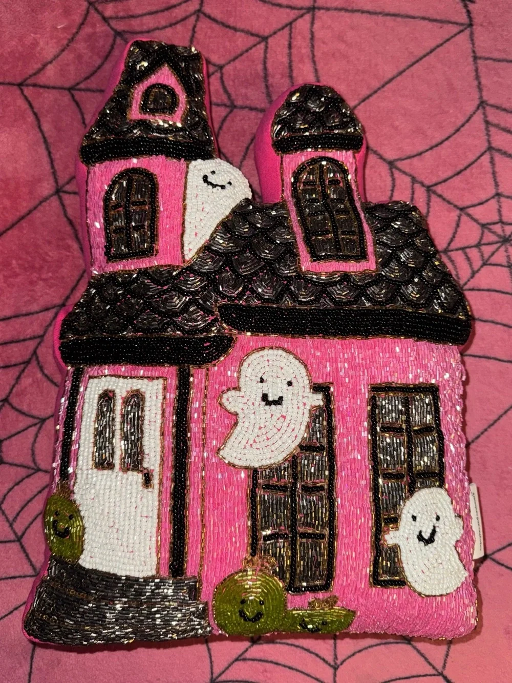 Cupcakes And Cashmere Pink Haunted House Beaded Pillow