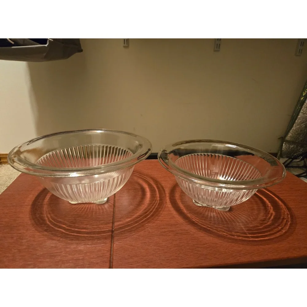 Vintage Clear Ribbed Glass Nesting Mixing Bowls Set of 2 Fluted Footed Round