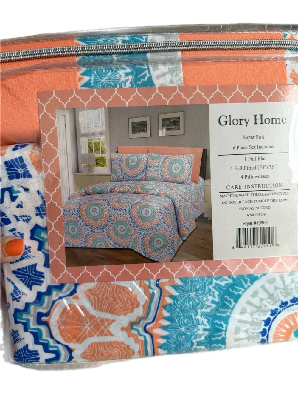 Glory Home Printed Medallion sheet Set in Coral and Teal - Bedding style #1095