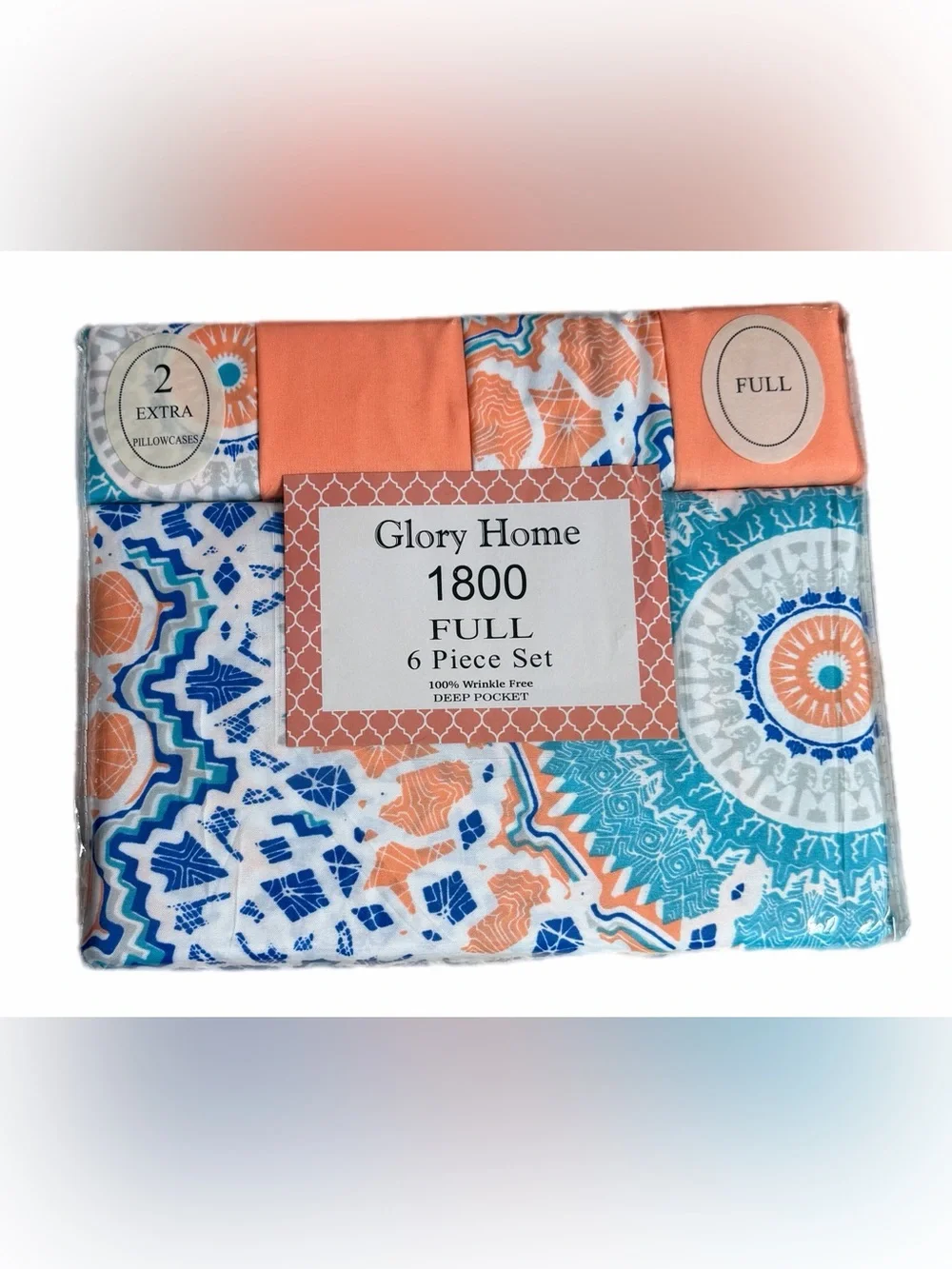 Glory Home Printed Medallion sheet Set in Coral and Teal - Bedding style #1095