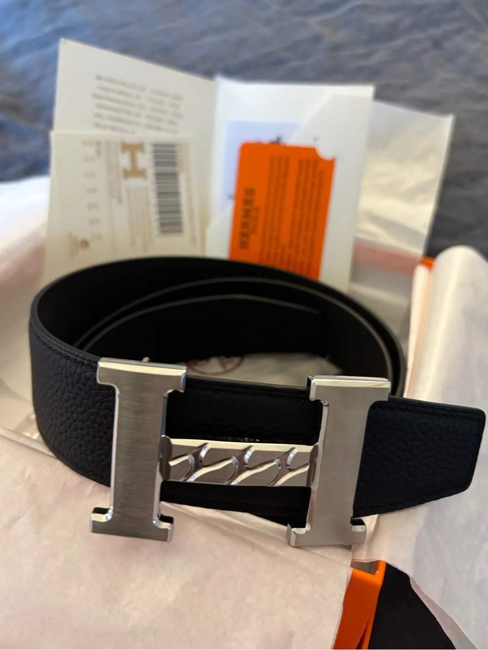 Hermes Black Leather Belt with Silver 'H' Buckle