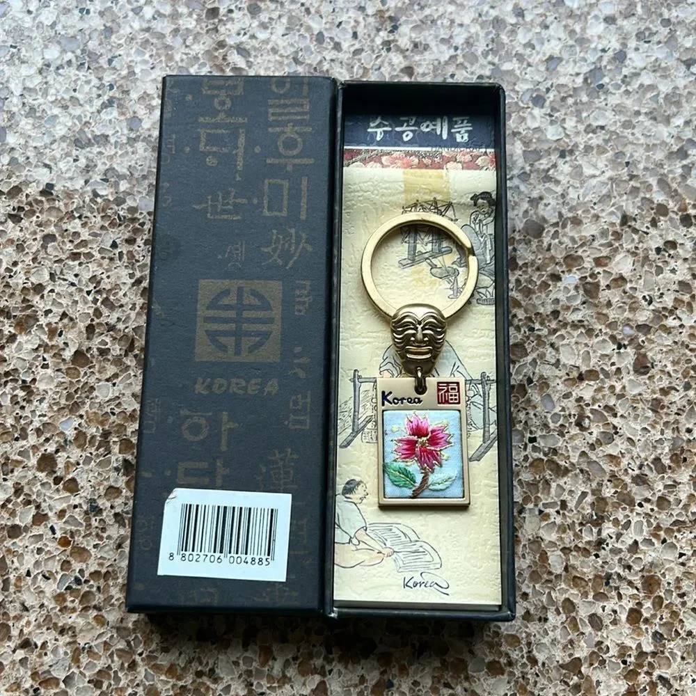 Gold Tone Korean Mask Keychain with Flower 🌺 Tag In Box 🗃️ engraved Korea back