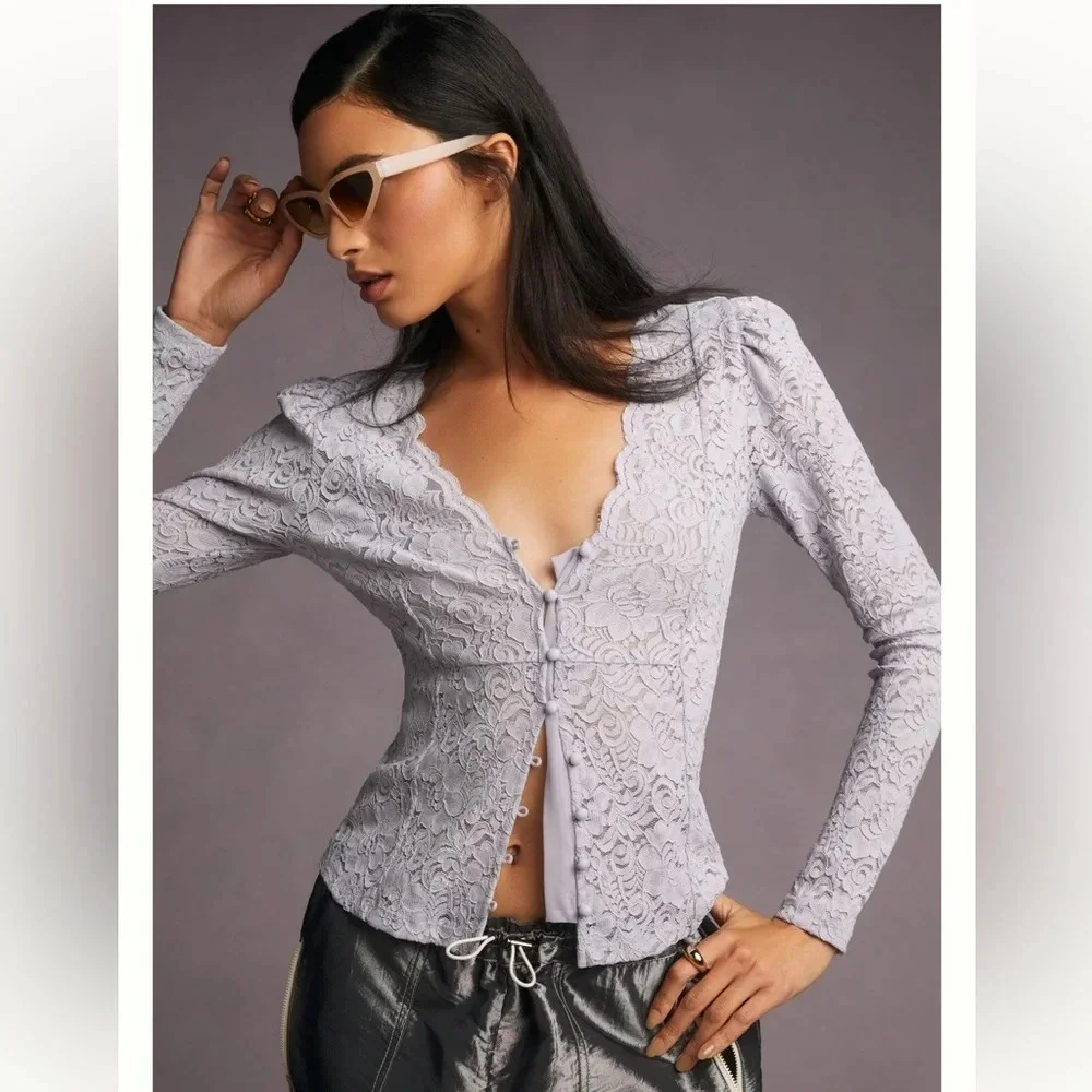 Anthropologie Lace Button Front Long Sleeve Top Size XS