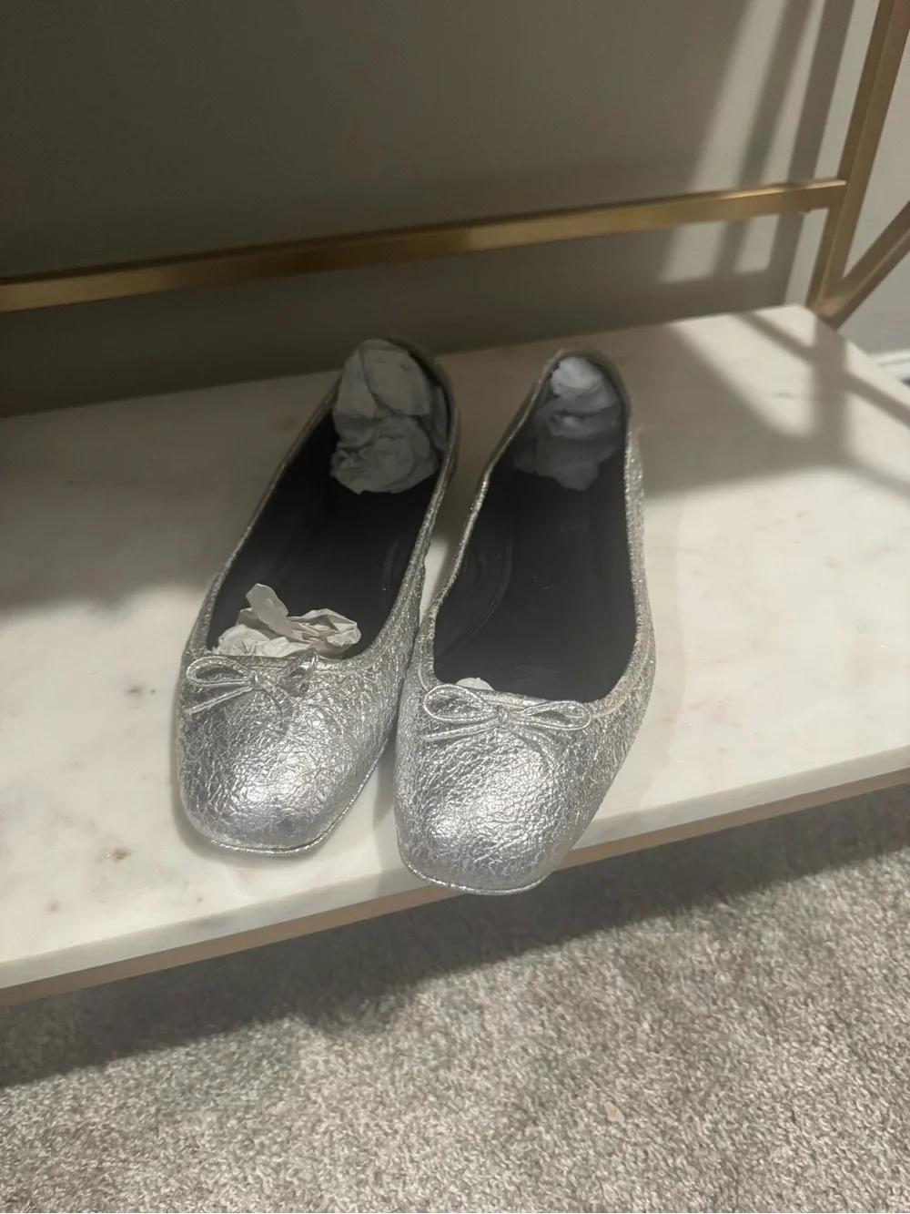 Tory Burch Metallic Silver Ballet Flats with Bow
