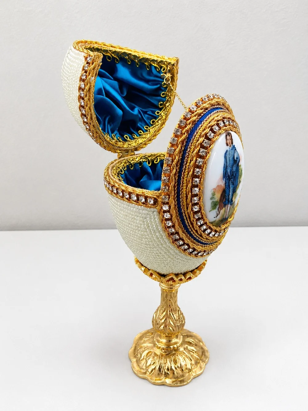 Vintage Fabergé Style Jeweled Egg Trinket Box on Stand 6