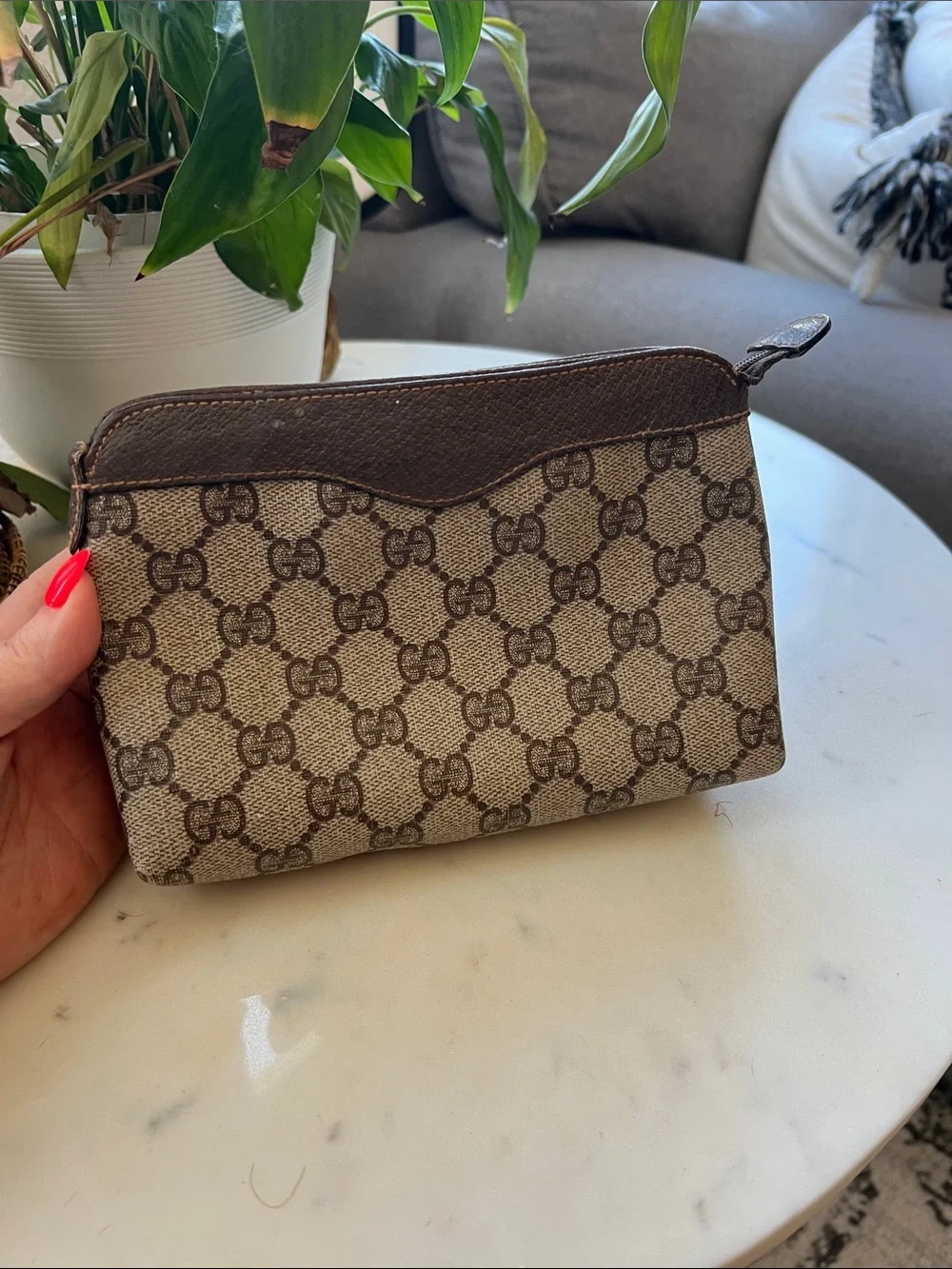 Vintage Gucci Beige & Brown GG Canvas Cosmetic Pouch with Gold Logo