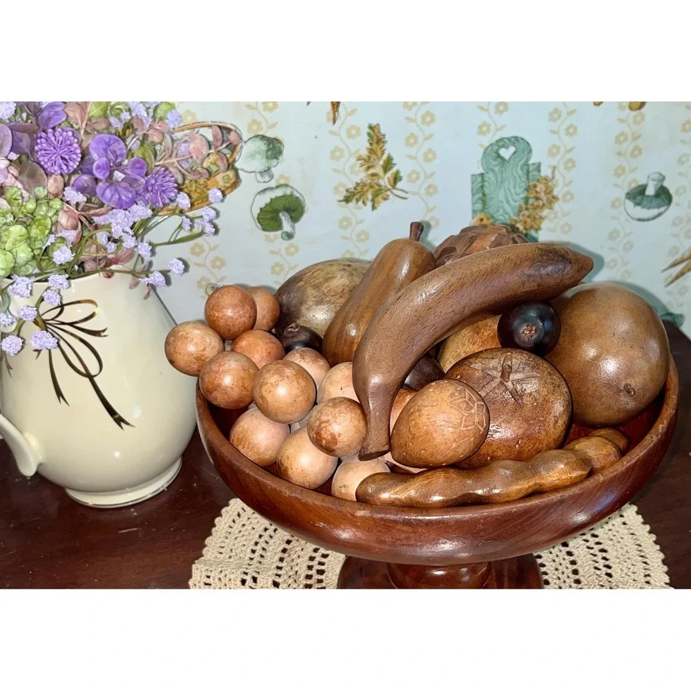 Vintage MCM Hand-Carved Wooden Fruit Bowl Centerpiece 15 Piece Set