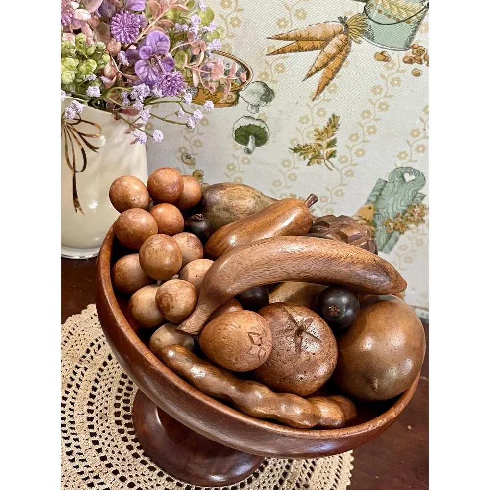 Vintage MCM Hand-Carved Wooden Fruit Bowl Centerpiece 15 Piece Set