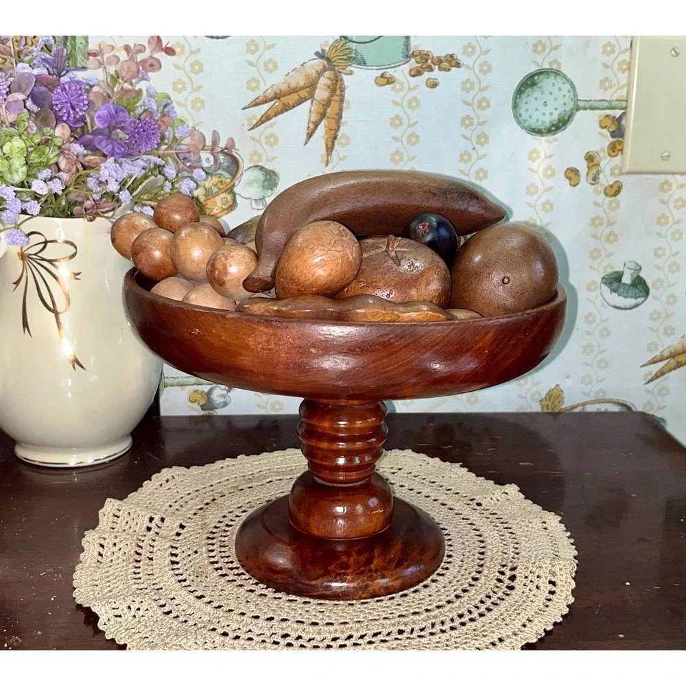 Vintage MCM Hand-Carved Wooden Fruit Bowl Centerpiece 15 Piece Set