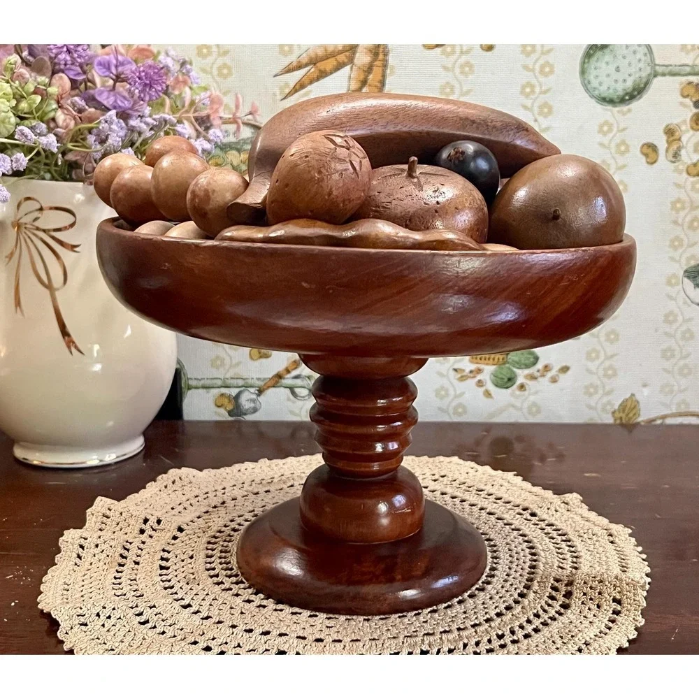 Vintage MCM Hand-Carved Wooden Fruit Bowl Centerpiece 15 Piece Set