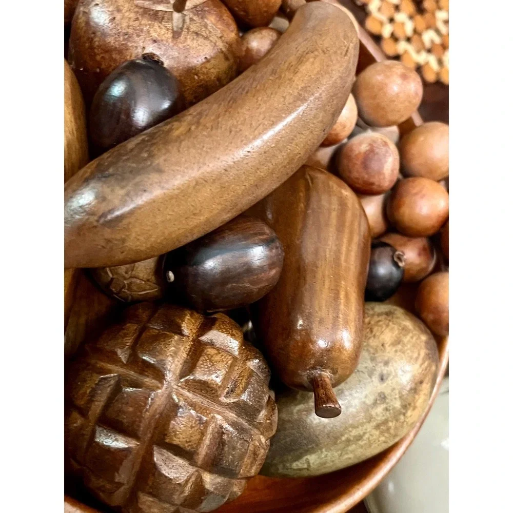 Vintage MCM Hand-Carved Wooden Fruit Bowl Centerpiece 15 Piece Set