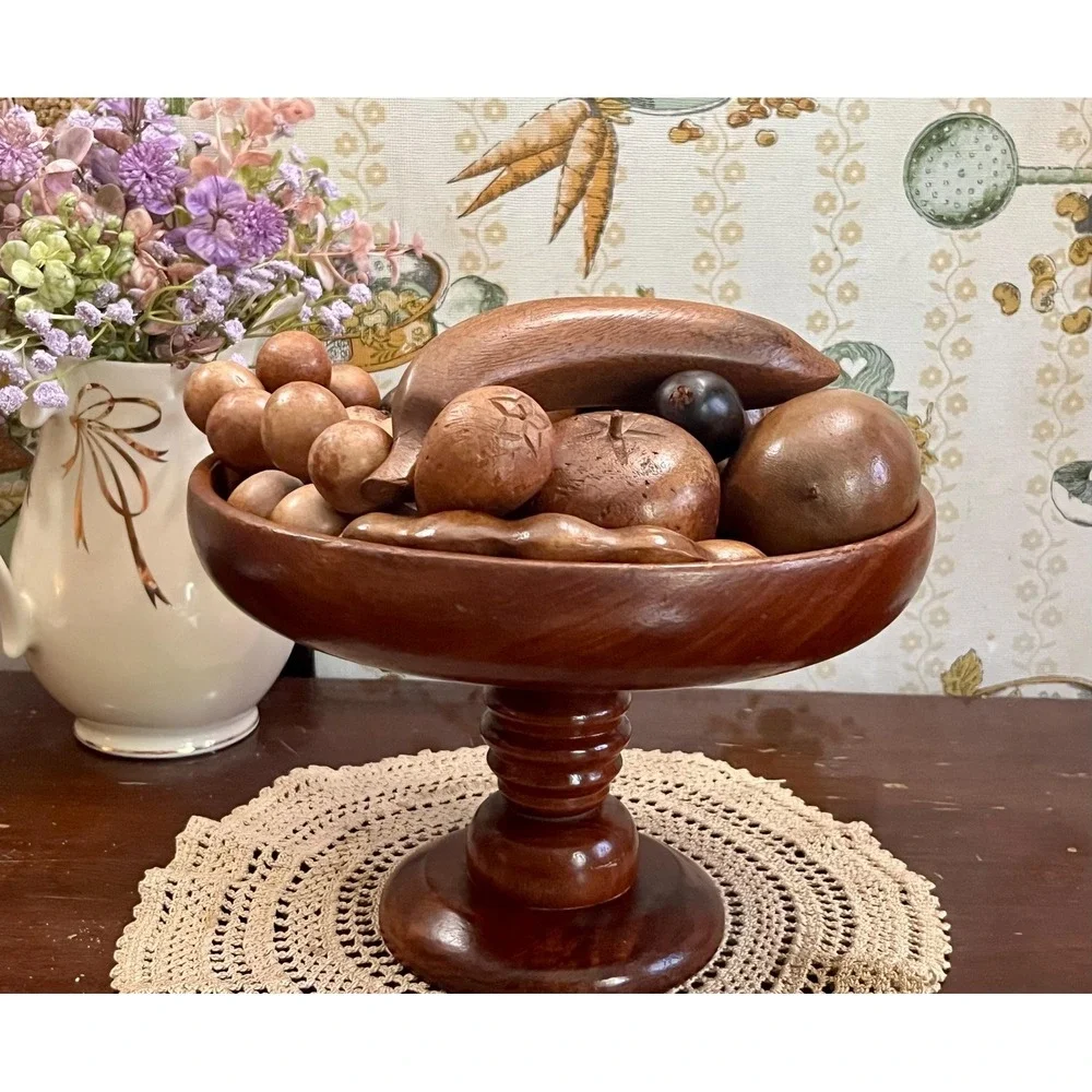 Vintage MCM Hand-Carved Wooden Fruit Bowl Centerpiece 15 Piece Set
