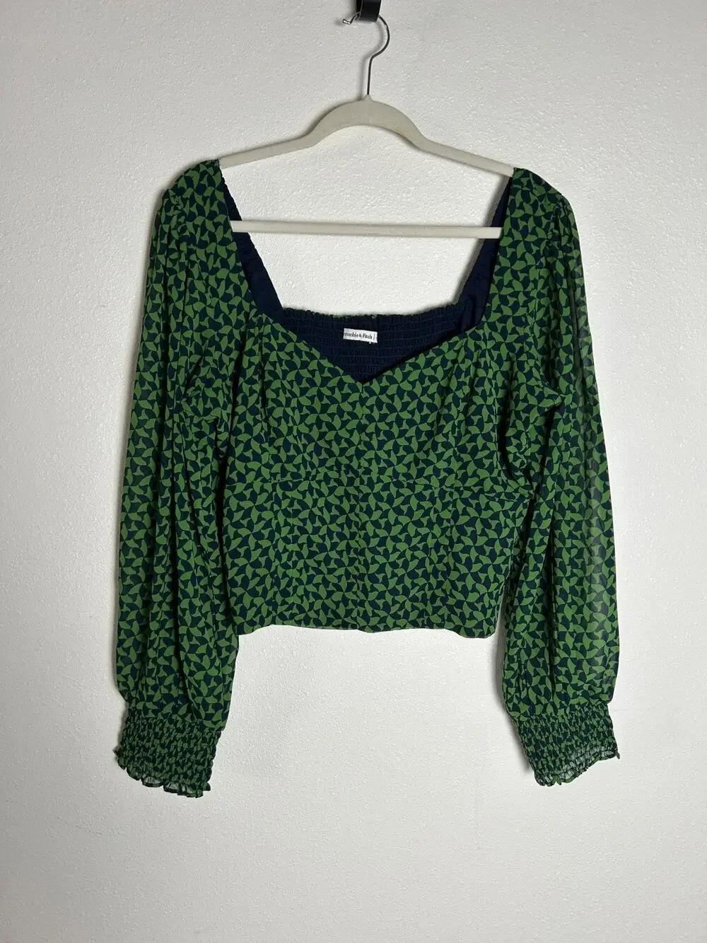 Abercrombie & fitch printed puff sleeve crop top green navy size XL