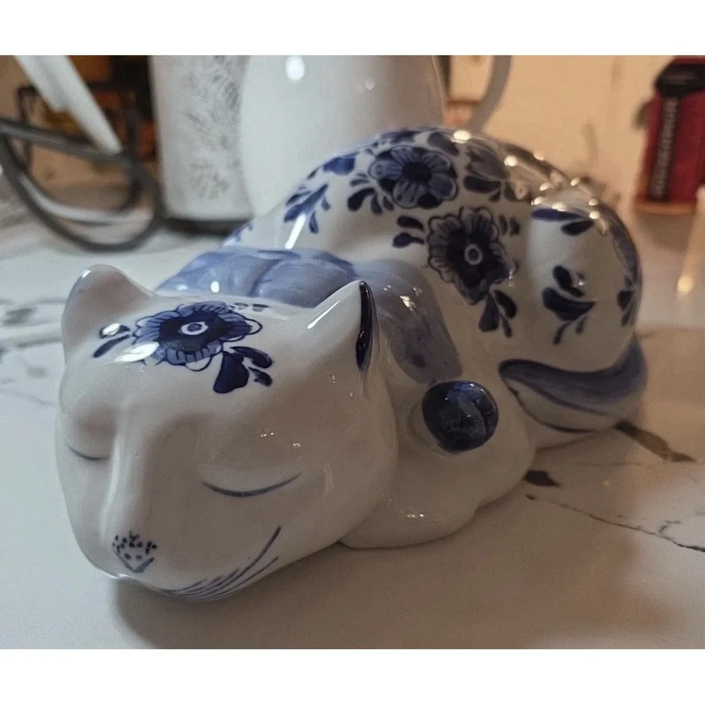 Vintage Blue & White Ceramic Sleeping Cat