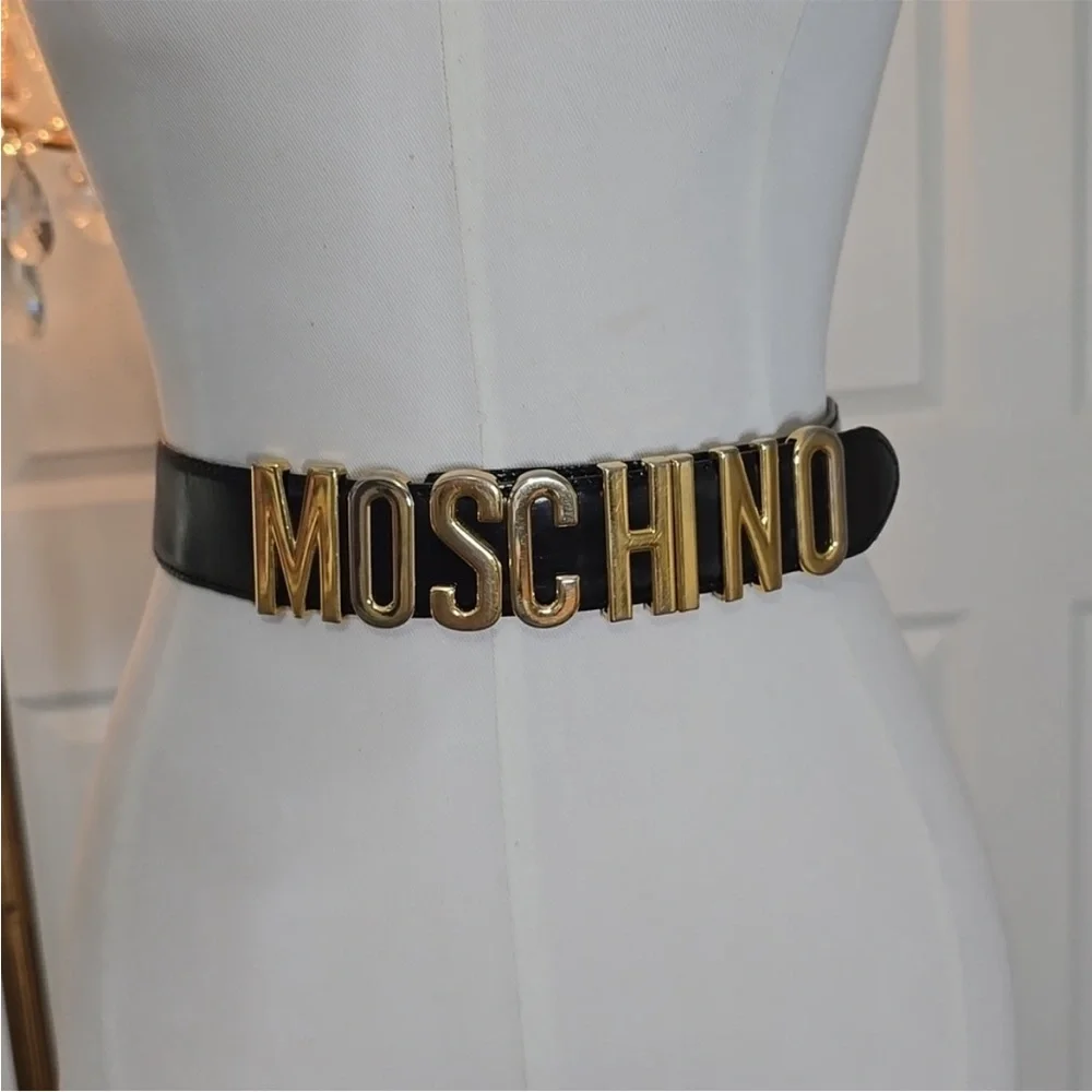 Moschino Black Leather Belt with Gold Logo Buckle