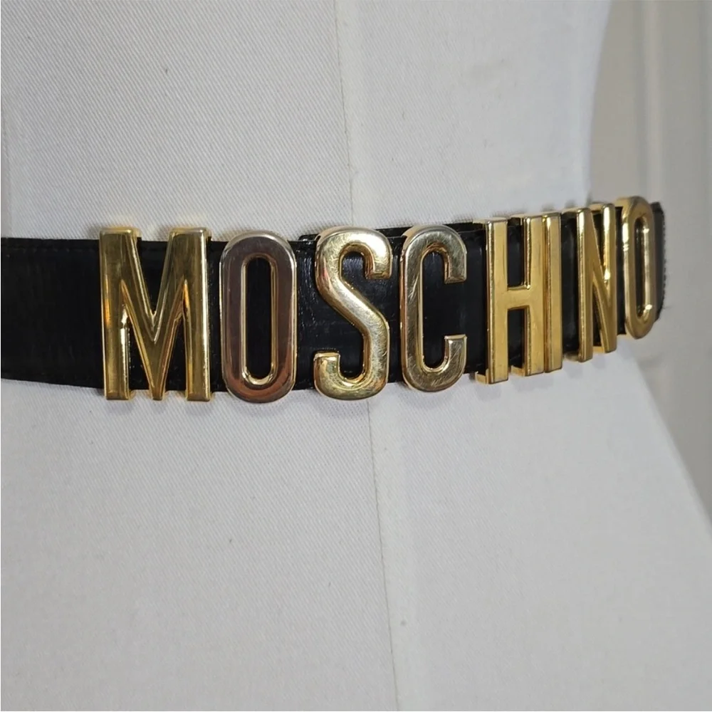 Moschino Black Leather Belt with Gold Logo Buckle