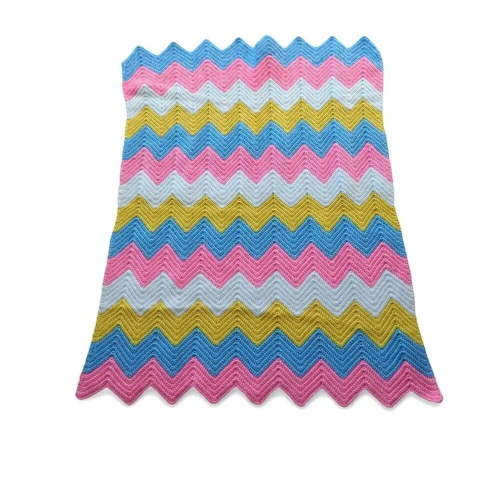 Handmade Chevron Crochet Knitted Baby Blanket Pink Blue Yellow‎ White 27