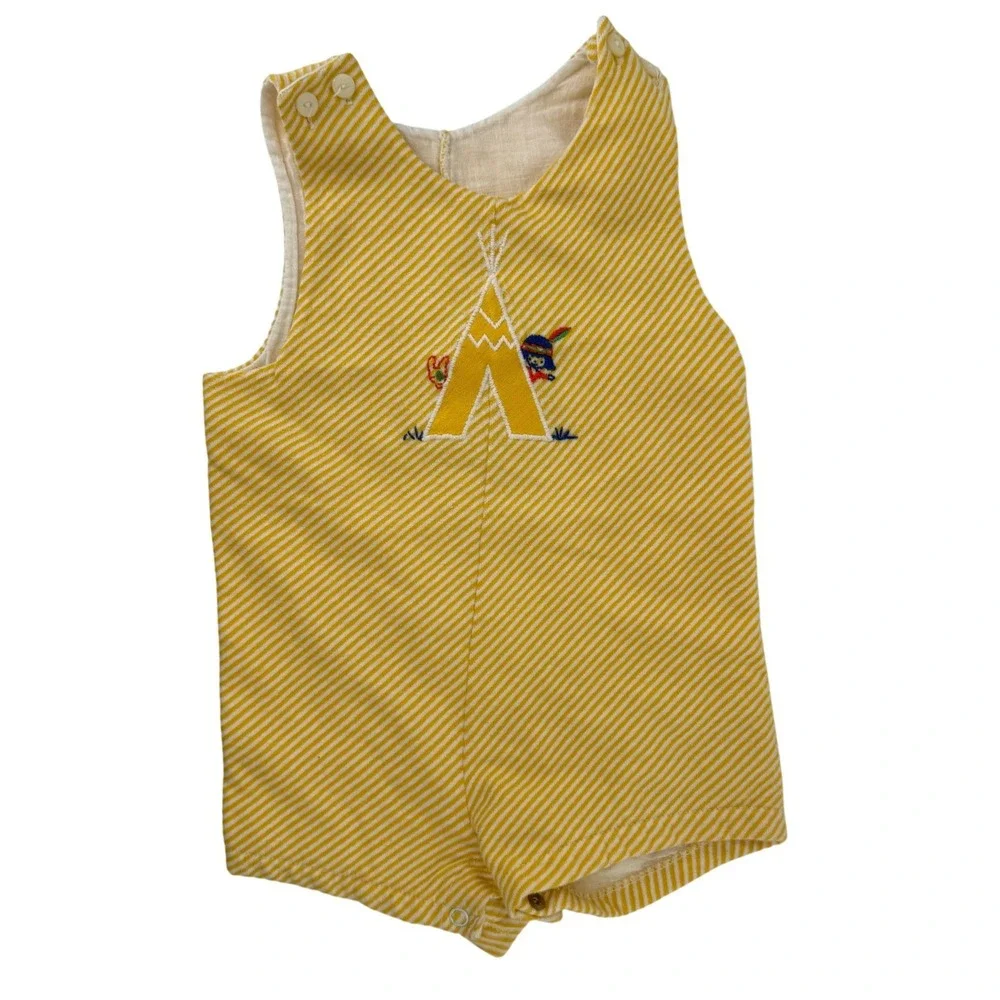 Vtg‎ Carters Yellow Striped Teepee Embroidered Sleeveless Romper 18 Months 1.5YR