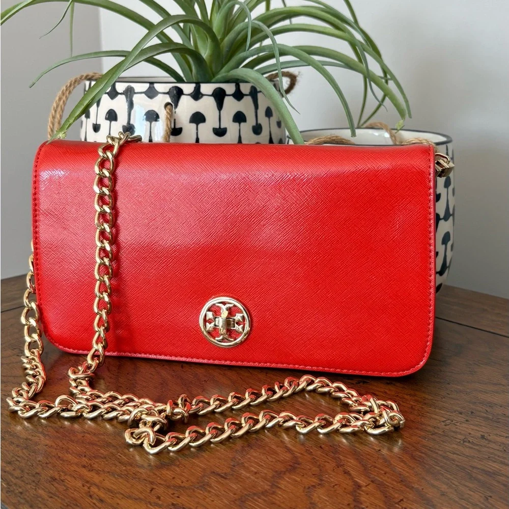 Tory Burch Vibrant Orange Leather Chain Shoulder Crossbody Bag