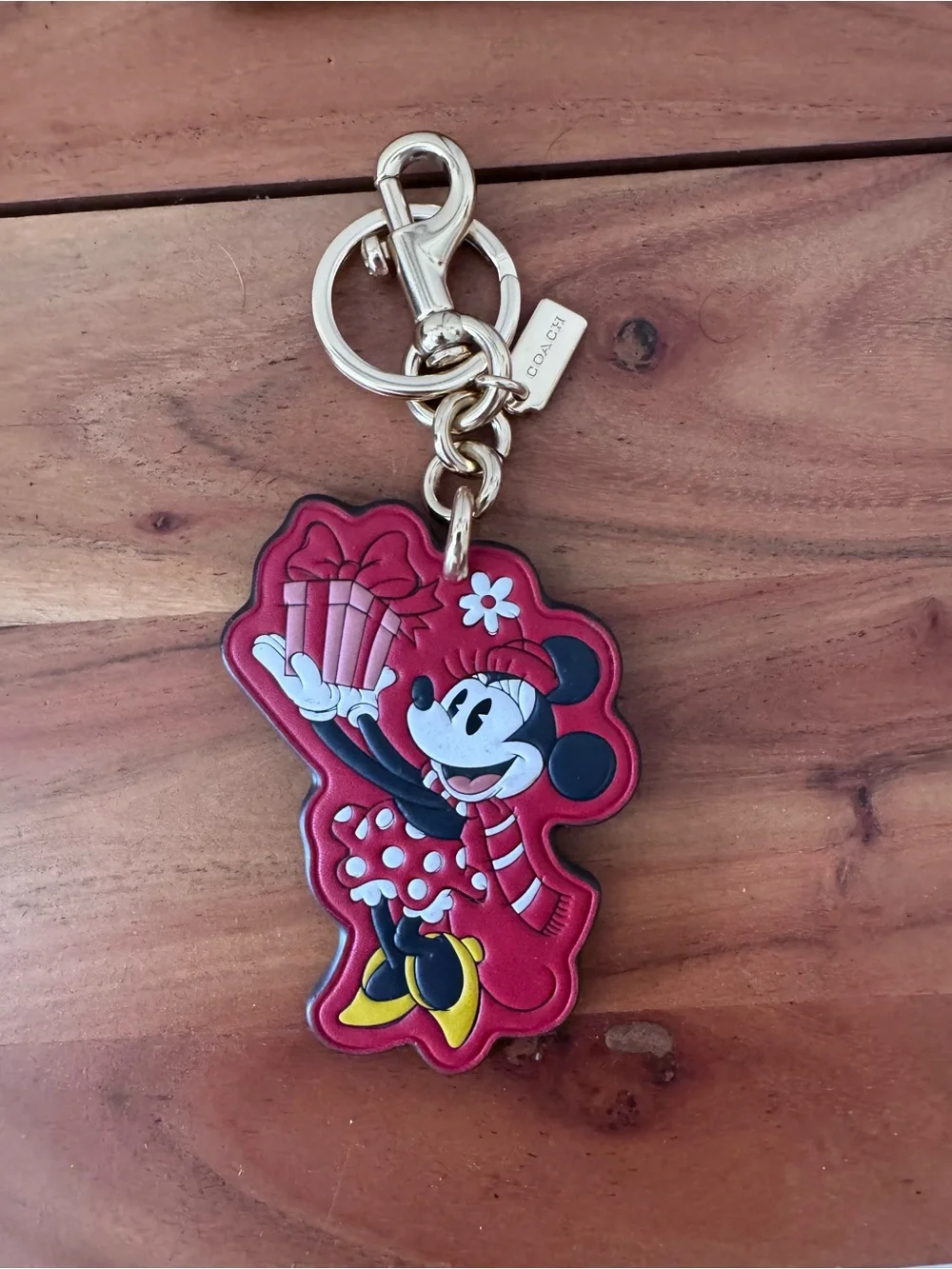 Coach Red Minnie Mouse Leather Key Charm with Gold Hardware
