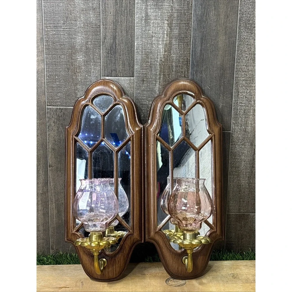 Vintage Gothic Cathedral Wall Sconces Pink Hurricane Glass Mirror Set Of 2
