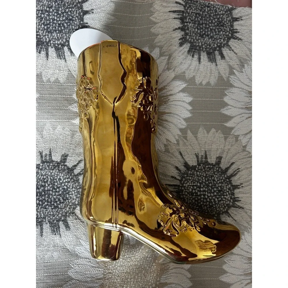 Metallic Gold Cowboy Boot Ceramic Vase Western Floral Embossed Decorative Accent